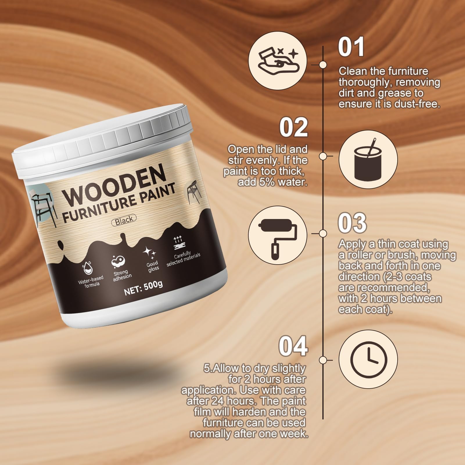 Peinture Noir Mat, Peinture Bois, Vernis Bois, Finition Mate à Base D'Eau, SéChage Rapide et RéSistante aux Rayures, Convient aux Tables, Armoires et Portes, Intérieur et Extérieur, 500g