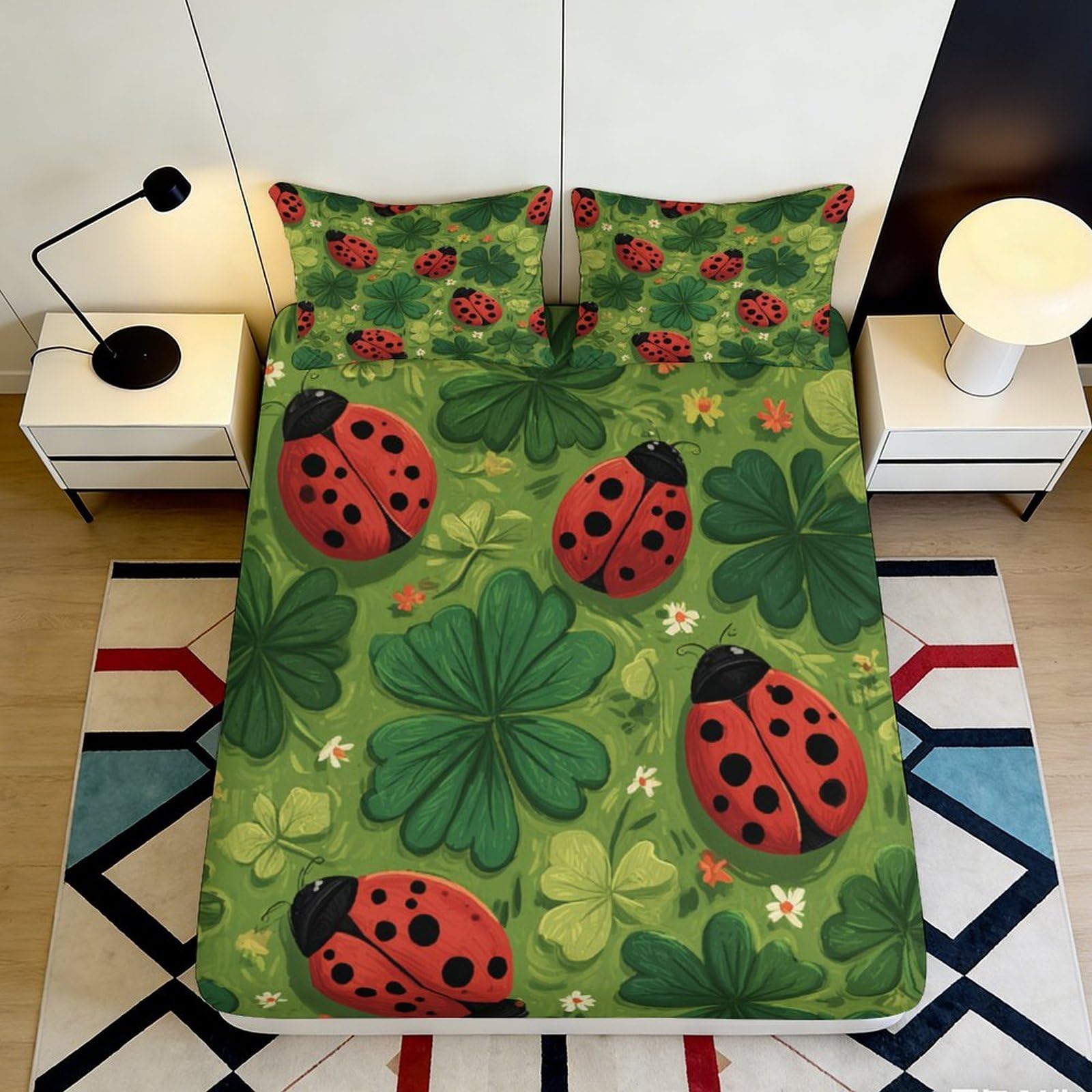 3D Printed Ladybug Clover Fitted Sheet Microfiber Soft Mattress Cover Green Bedding for Bedroom Guestroom 90x200x25cm