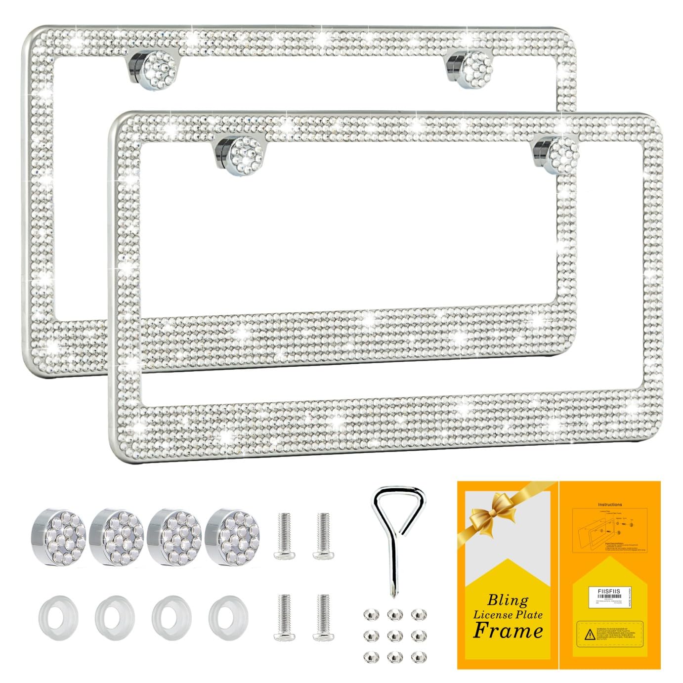 FIISFIIS Bling License Plate Frame for Women,2 Pack Premium Stainless Steel Rhinestone Car License Plate Holder,Handmade Glitter Crystal Diamond Girl Lincense Plate Cover,Bedazzled Sparkly Caps-White