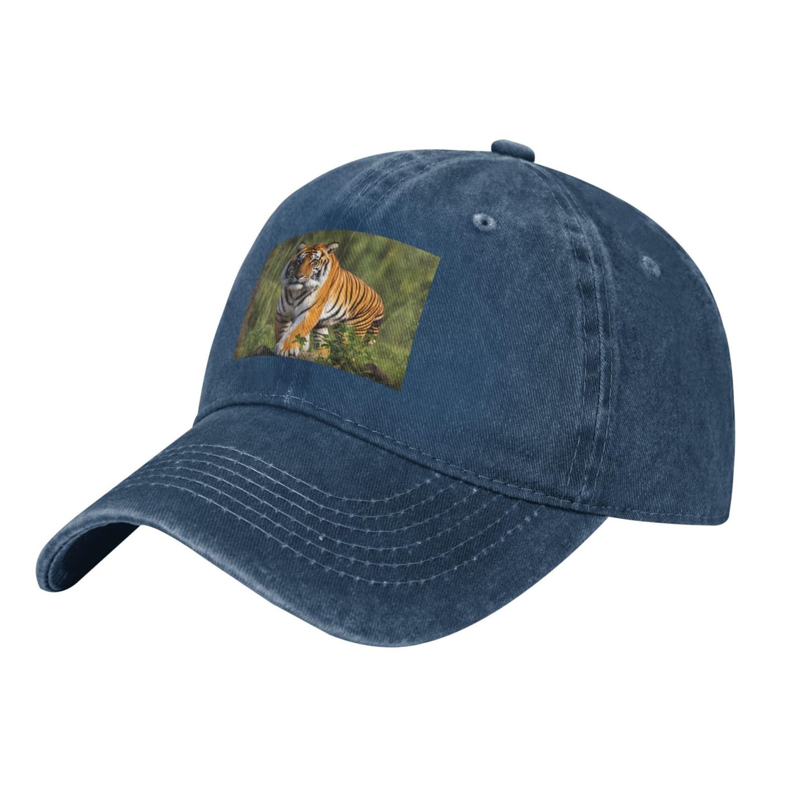 WHJSSF Black Washed Denim Baseball Cap Bengal Tiger Pattern Adjustable Cotton Hat for Men & Women
