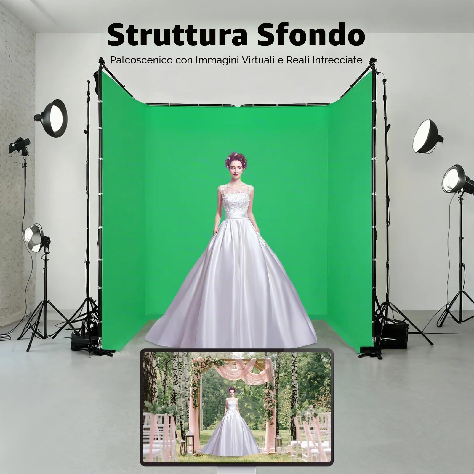 Carta da parati Verde 4 m x 2,4 m per la Fotografia, Sfondo Verde Chromakey Portatile con Supporto Sistema di Supporto di Sfondo Fotografico per Fotoshoot, Game Live Steaming