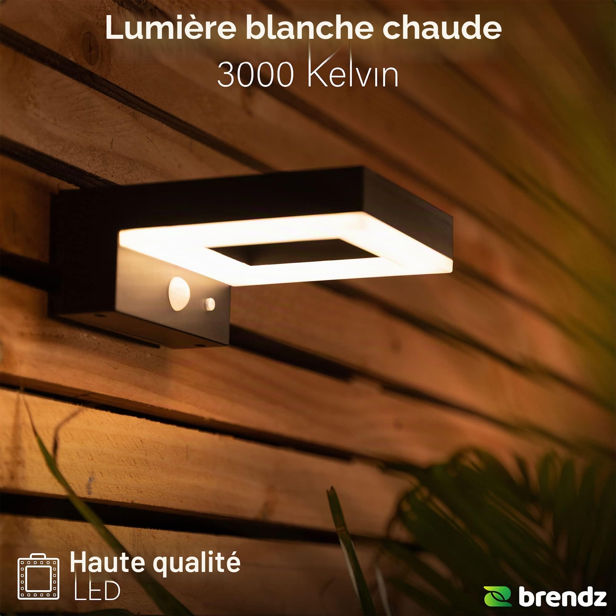 Brendz Applique murale exterieur solaire, Detecteur de mouvement, Lampe solaire exterieur, 600 Lumens, blanc chaud 3000k, Imperméable IP44, Eclairage exterieur solaire avec 3 Modes de Lumière, (2 pcs)