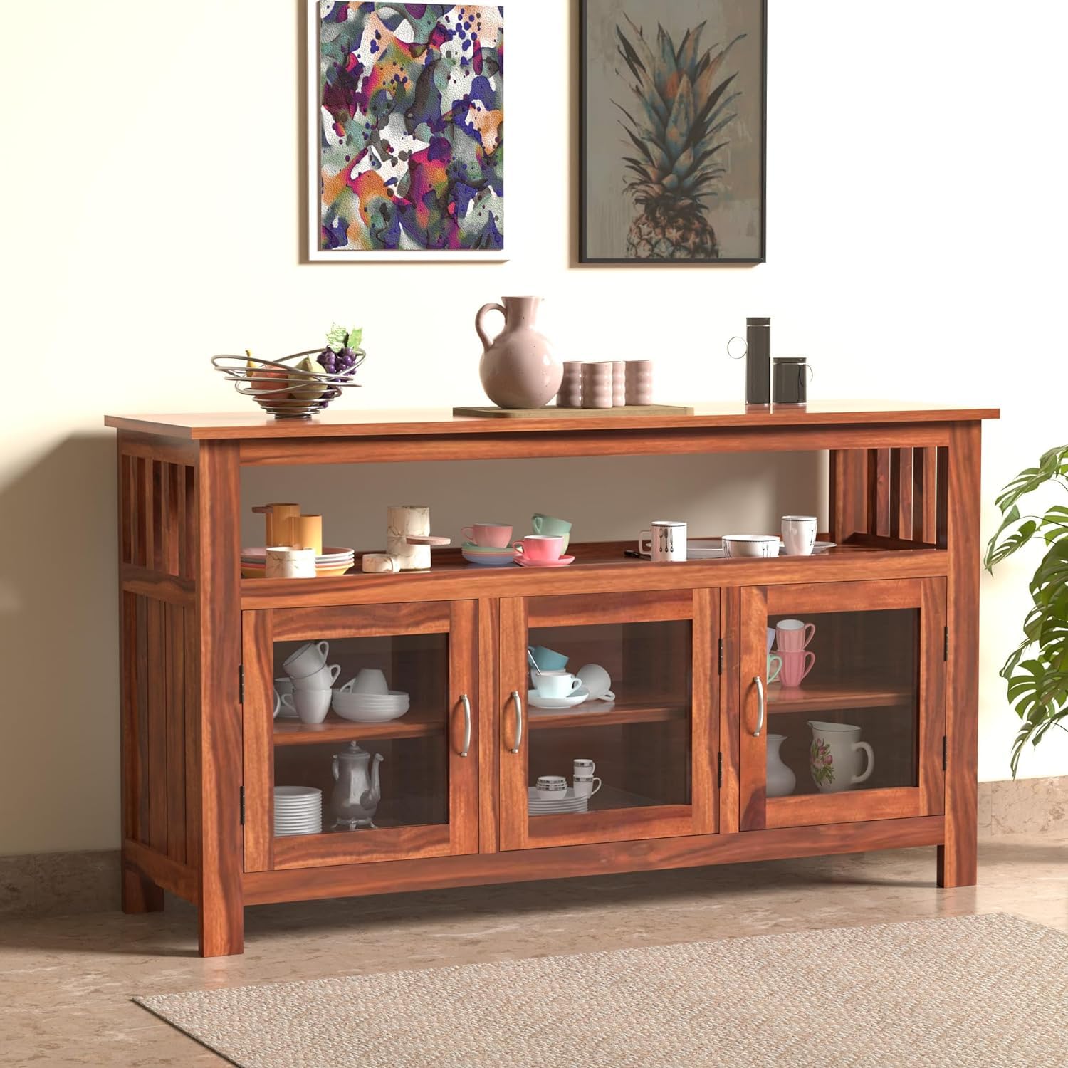 with Glass Door, Wooden Kitchen Cabinet Storage Racks, Dining Room Furniture, Sideboards Cabinet, Kitchen Unit Crockery Unit Cabinet,Honey-image-19