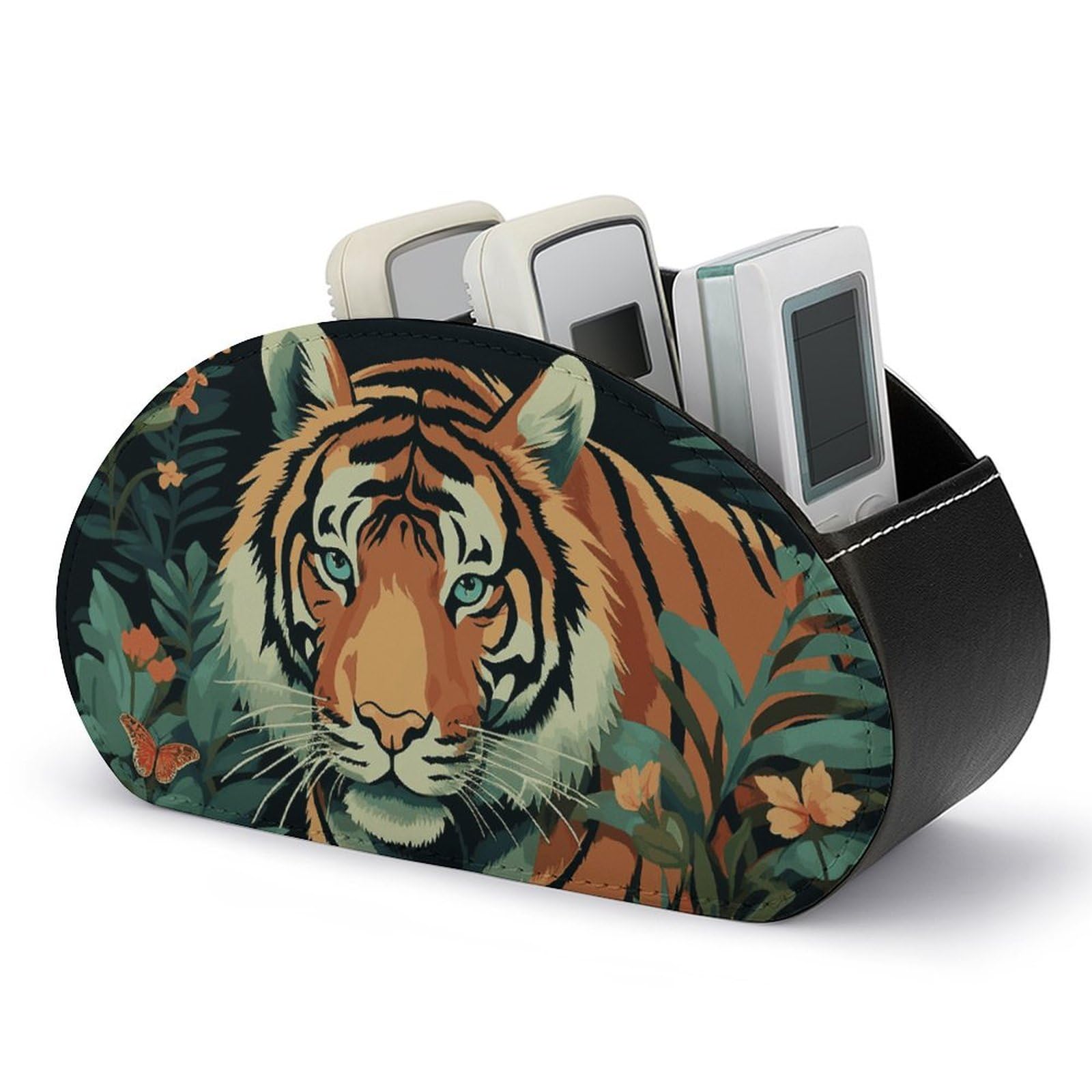 JTREHY Butterfly And Tiger Remote Control Holder with 5 Compartments Pu Leather Remote Caddy Box Multi-functional Deskt Holders Organizer Box Tray Bedside Table Storage Organizer