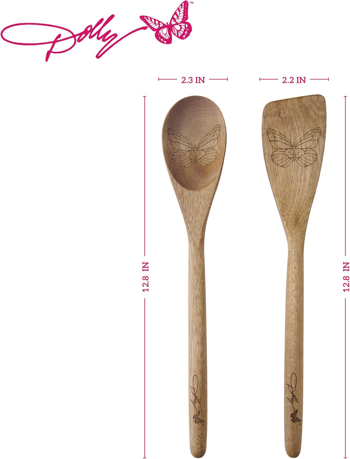 Dolly Parton Acacia Wood Kitchen Tool Set with Butterfly Design, Turner and Spoon for Cooking and Serving, 2 Piece