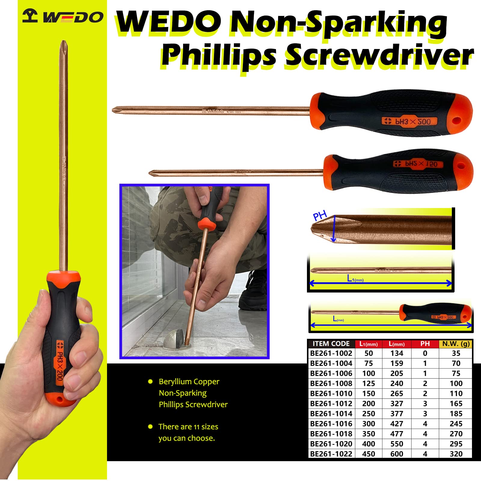 WEDO Cacciavite a croce antiscintilla con manici antiscivolo, cacciavite a croce di sicurezza senza scintille, rame al berillio, non magnetico, standard DIN, certificato BAM e FM, 550 mm