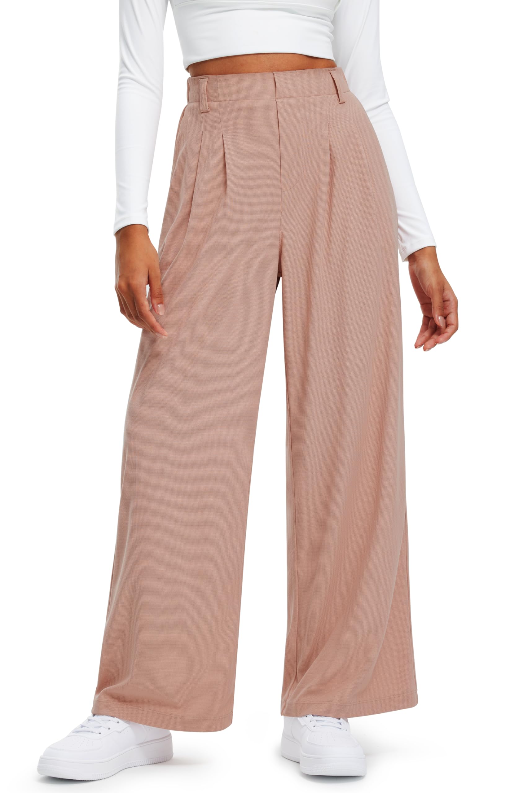 Libin Pantalon à jambe large pour femme - Taille haute - 73,7 cm - En tricot gaufré - Décontracté - Pour le travail - Pantalon palazzo avec poches