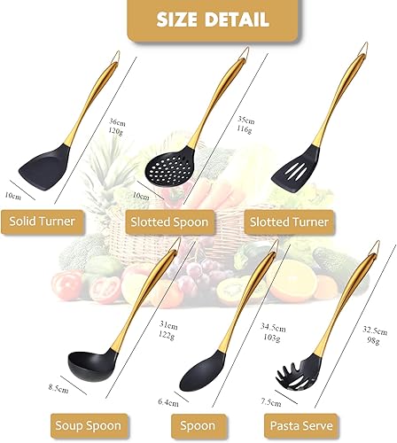 Miniatura 6 de Juego de utensilios de cocina de silicona, juego de 9 utensilios de cocina con mango de acero inoxidable, utensilios de silicona resistentes al