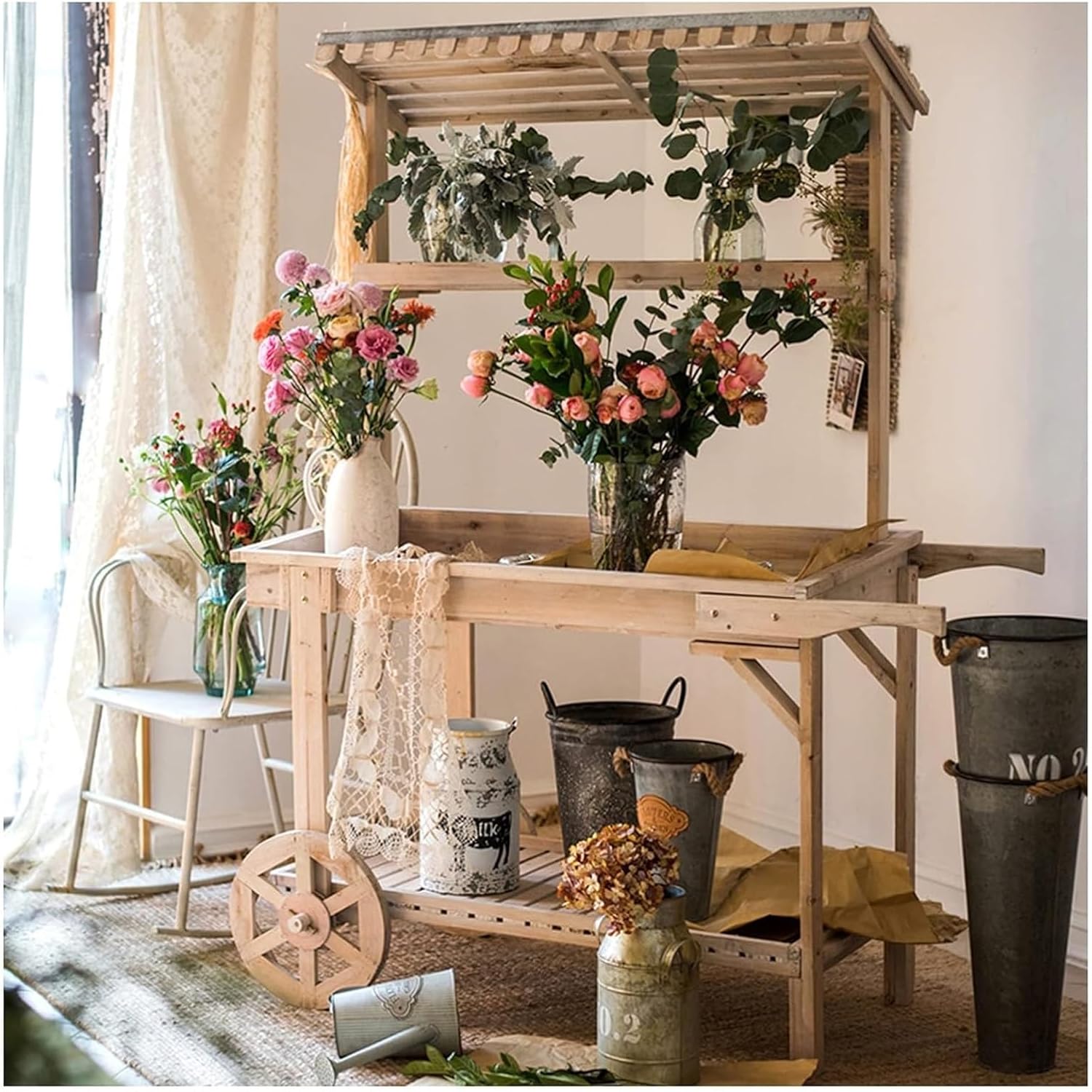 Potting Bench Table,Garden Potting Table, Outdoor Potting Bench Table Garden Work Bench Wooden Garden Potting Bench Decorate Plant Gardening for Patio Courtyards Balcony, 125x53.5x167cm