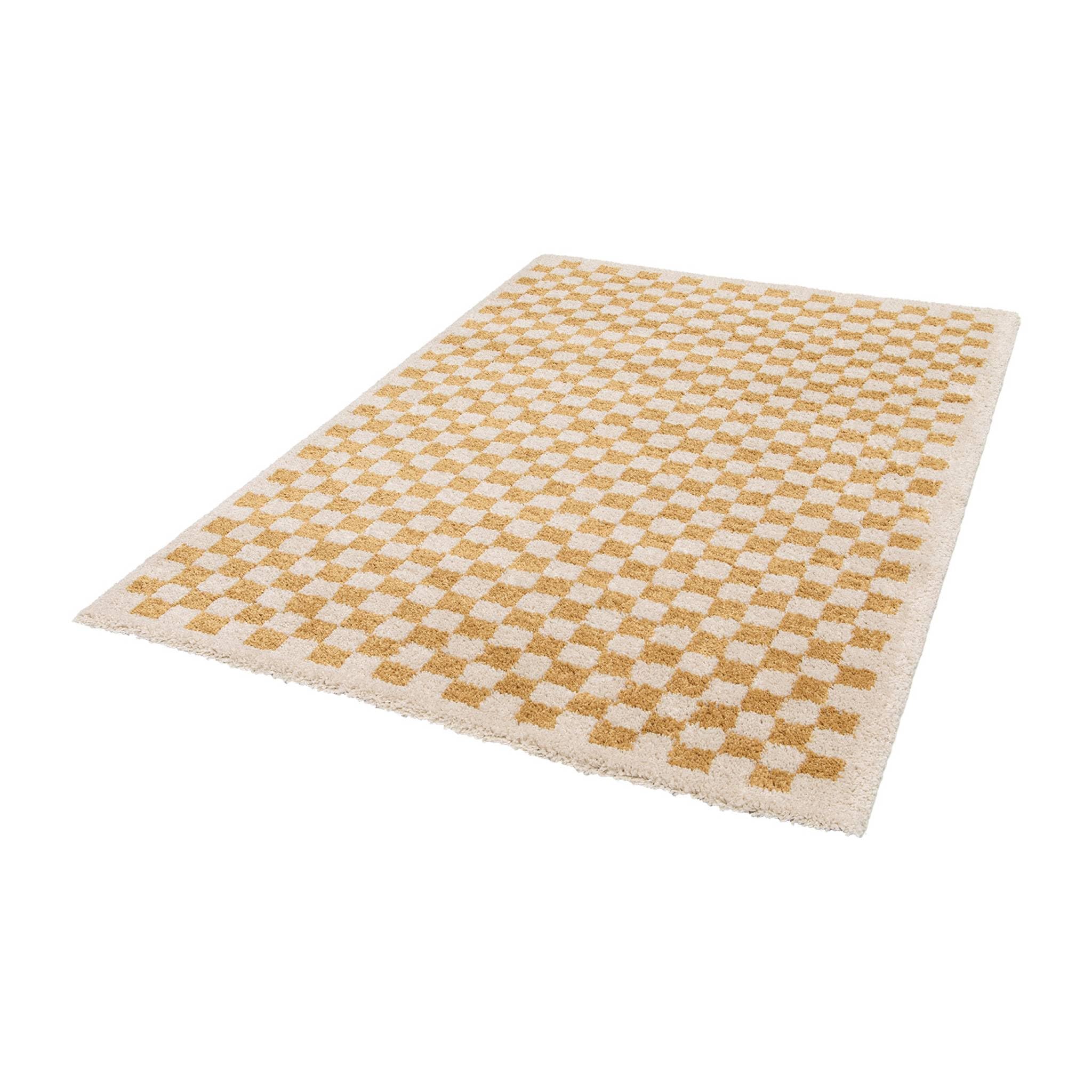 sweeek - Tapis intérieur Shaggy Poils Longs 160x230cm Damier Jaune Moutarde et crème