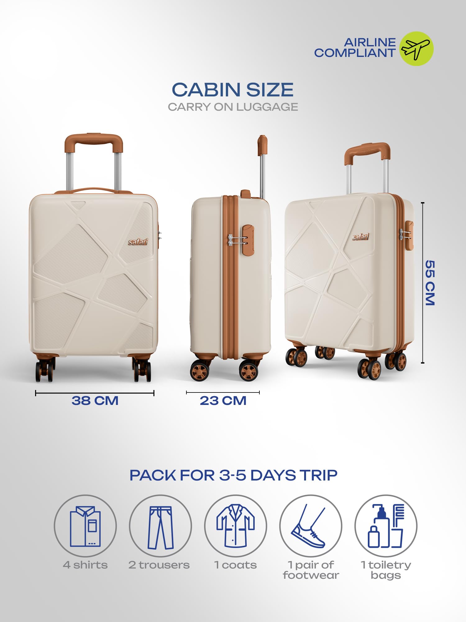 Safari Pentagon Pro 8 Wheels 55cm Cabin Size Trolley Bag, Hard Case Polypropylene, 360º Wheeling Small Carry-on Luggage, Suitcase for Travel, Trolley Bags for Travel, Luxury Beige — Amazon image 6