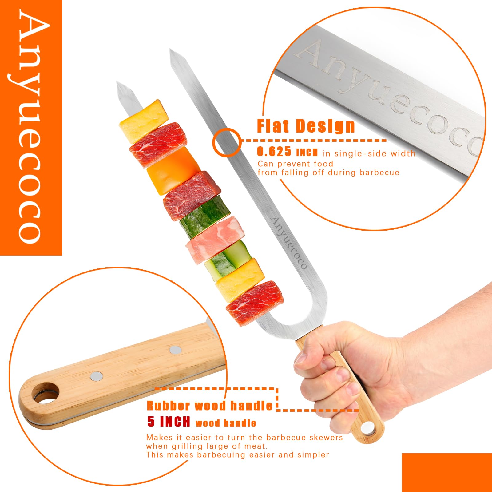 Spiedini per kebab per grigliare, 6 pezzi, 43,2 cm, spiedini a doppia punta per spiedini in acciaio inox, spiedini piatti in metallo, perfetti per carne, pollo, salsicce, verdure, frutti di
