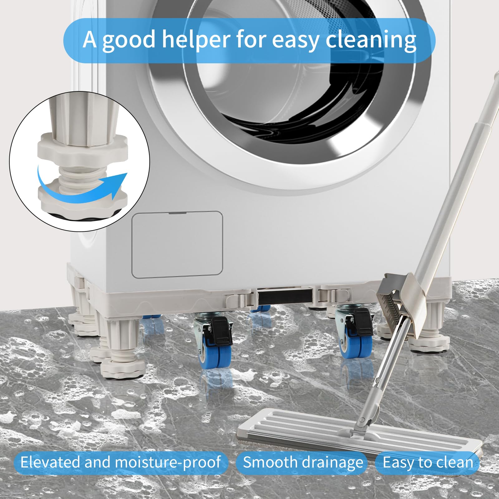 Base de lavadora resistente con capacidad de 300 kg, incluye 4 ruedas y 8 pies, ideal para lavadoras, refrigeradores y armarios, diseño ajustable y resistente