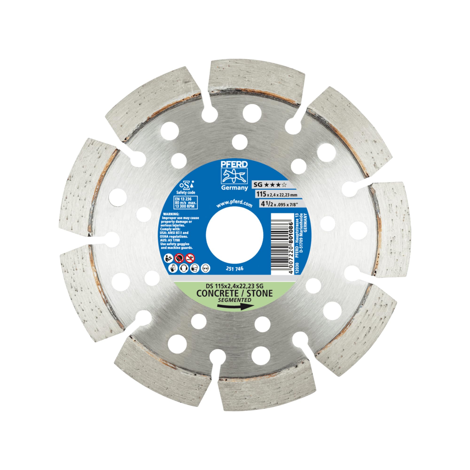 Pferd Disco de Corte de Diamante 115 millimeters, Ds 115 x 2,4 x 22,23 Sg, para Corte Rápido de Hormigón, Piedra y Ladrillo, Alto Rendimiento