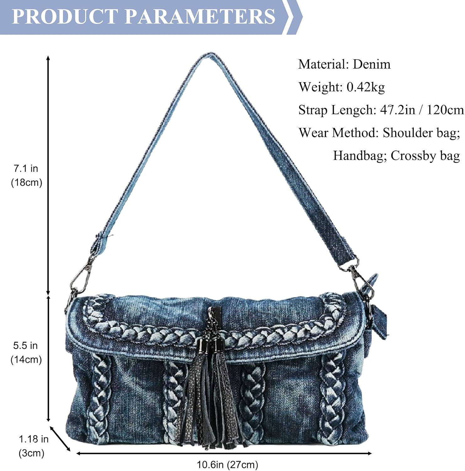 Fashion Crossbody Bag Denim Purse with Rhinestones Y2K Jean Handbag for Women | Washed Denim
