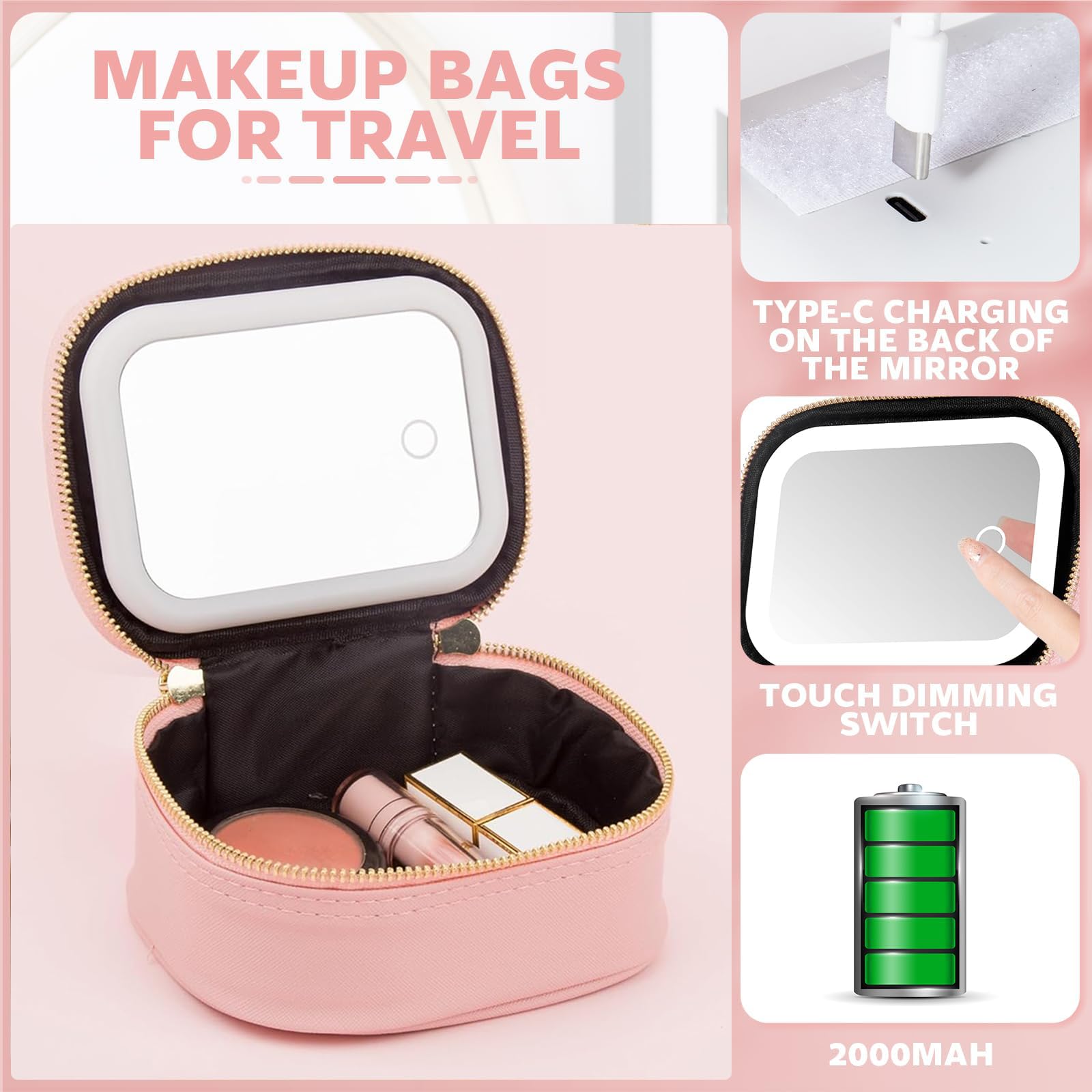 Trousse de maquillage avec miroir LED PU Noir Moderne