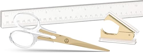 Staple & Stick  Papelería y accesorios de escritorio  Juego de tijeras, removedor de grapas y regla  Lucite acrílico dorado y transparente