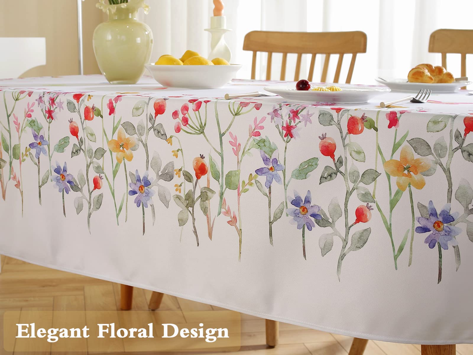 SASTYBALE Spring Floral Tablecloth Rectangle Tables,Stain Resistant Table Cover Printed w/Colorful Pastel Blooms,Fabric Cloth Easter/Spring/Picnic (Rectangle,60'' x 120''),Flowers w/Red Fruits - Image 4