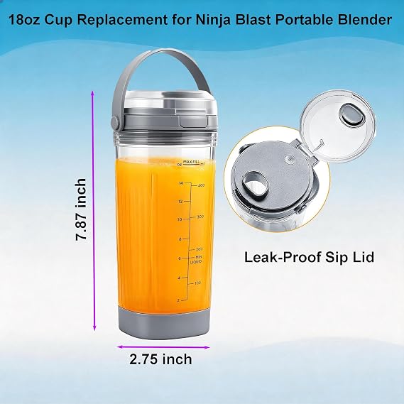 Blast Accessories 3pcs - Replacement Parts 18oz Blending Vessel Cup & Vessel Cap & Sip Lid with Carry Handle, Compatible with Blast Portable Blender BC100 Series and BC151 Series (Grey)