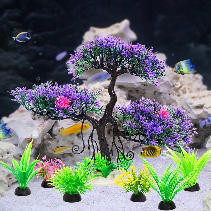Miniatura 5 de Decoraciones de acuario para pecera, plantas de plástico artificiales, árbol bonsái con kit de decoración de acuario pequeño (morado 2)