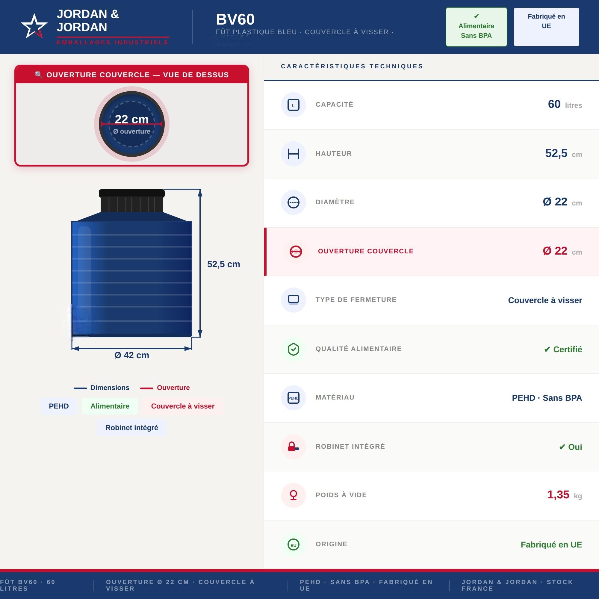 Jordan & Jordan — Fût Plastique Alimentaire 60L PEHD — Ouverture Totale, Couvercle à Visser — Fermentation, Eau, Huiles — Certifié Alimentaire sans BPA