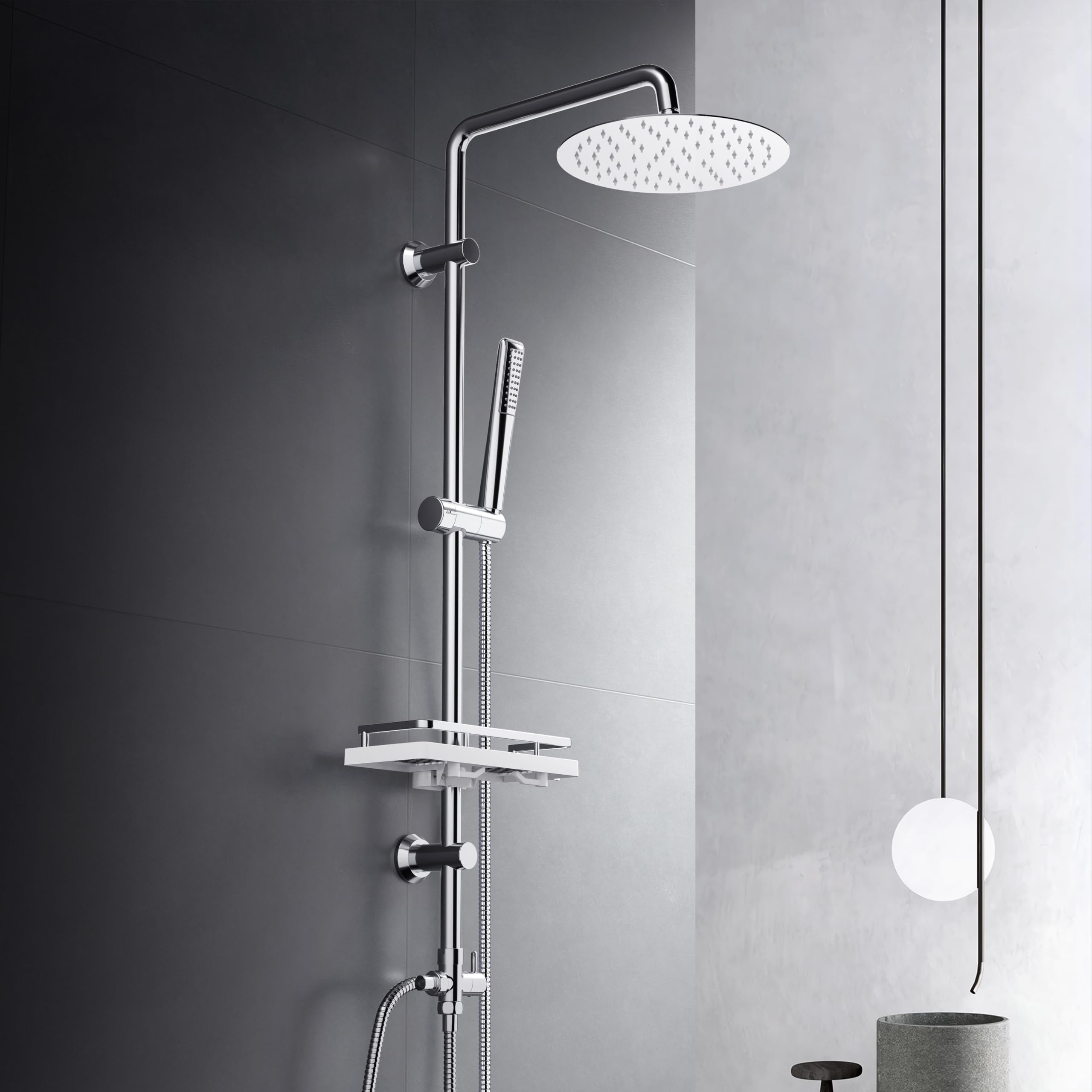 Görbach Colonna Doccia Acciaio Inox senza Miscelatore, Colonna Doccia idromassaggio con Asta Doccia Regolabili e Mensola, Set Doccia a Pioggia con Soffione 20 cm Cromo