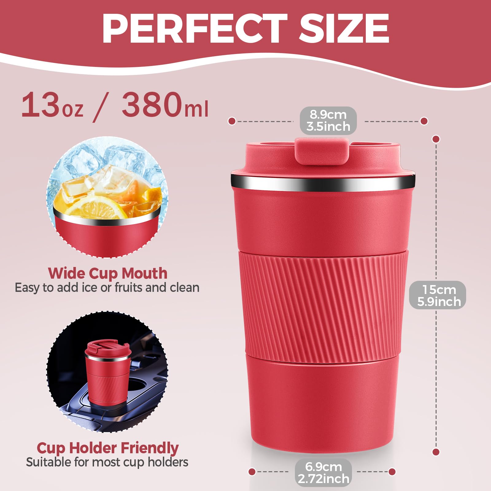 Volhoply 380ml 13oz Stainless Steel Insulated Travel Coffee Mug with Fip Lid Bulk 2 Pack,Reusable Double Wall Vacuum Metal Coffee Cup,Portable Leak Proof Tumbler for Hot & Cold Drinks(Red,2) - Image 2