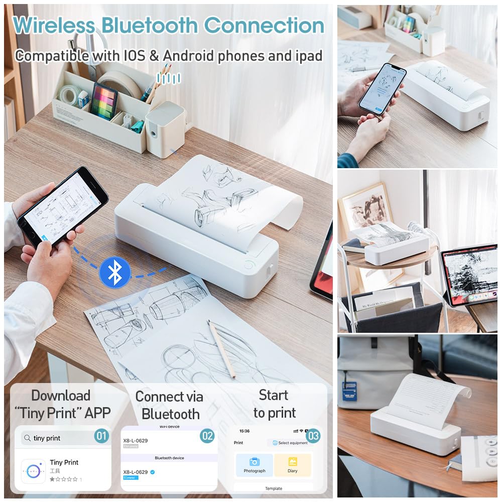 iOCHOW Impresora Térmica Portátil A4: Impresora Móvil Inalámbrica Compatible con Android e iOS, Pequeñas Impresoras Bluetooth sin Tinta para Uso en El Hogar, la Escuela y la Oficina