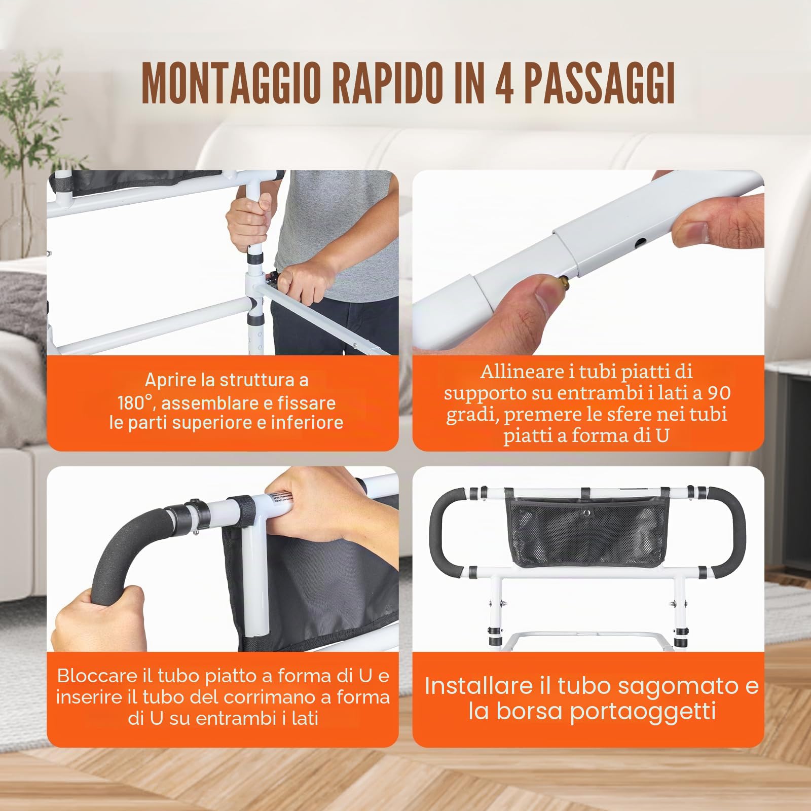 VEVOR Supporto del Letto Pieghevole a 180° Protezione Laterale del Letto di Sicurezza Carico max. 204 kg, Maniglia Regolabile a 4 Livelli con Tasca di Stoccaggio per Letto Matrimoniale King Queen Size