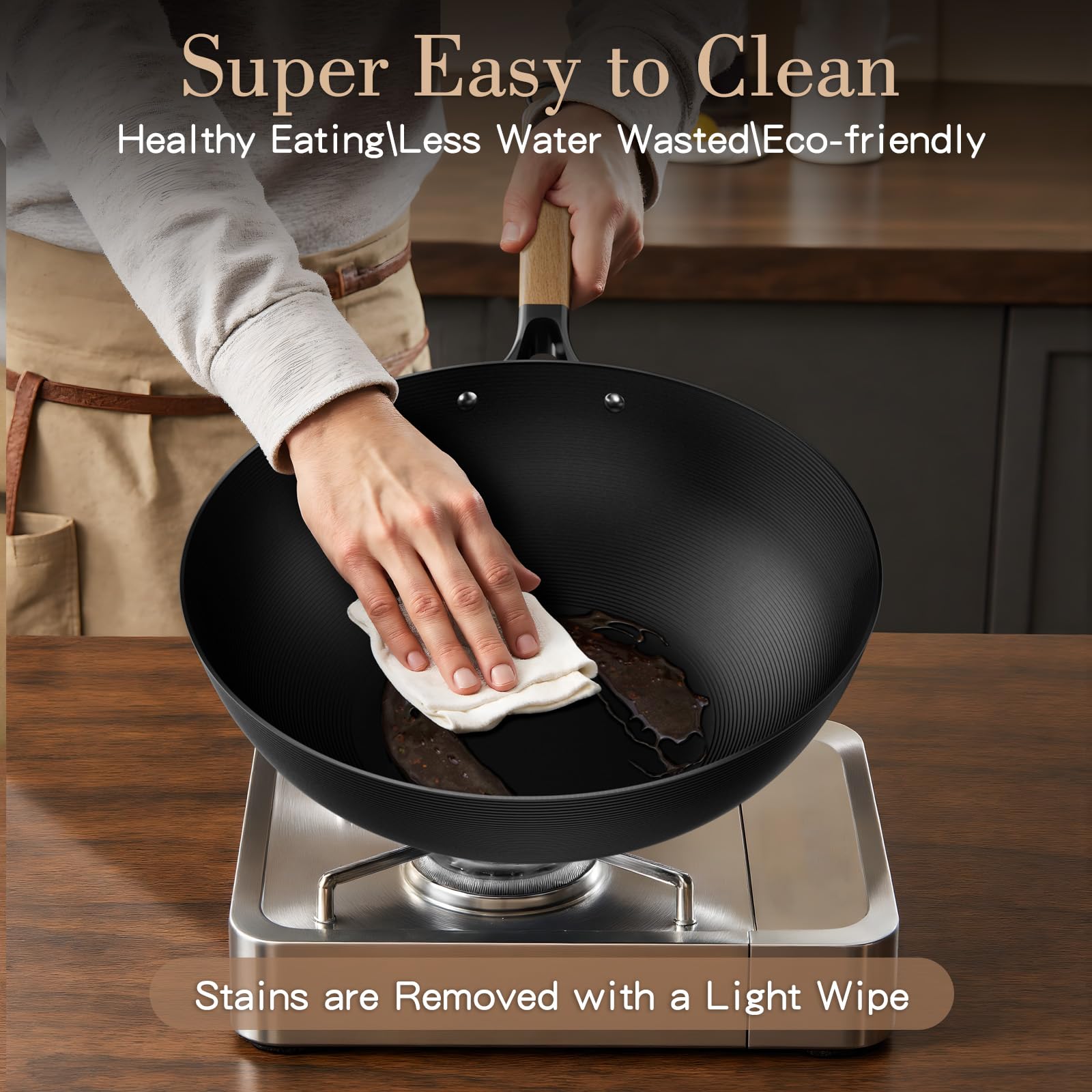 Jobin 30cm Wok Antiaderente con Coperchio, Wok Induzione Senza Rivestimento Chimico e Grande Capacità per Porzioni di cibo per 3-5 Persone, Ideale Padella per Fornelli a Induzione, Elettrici e a Gas