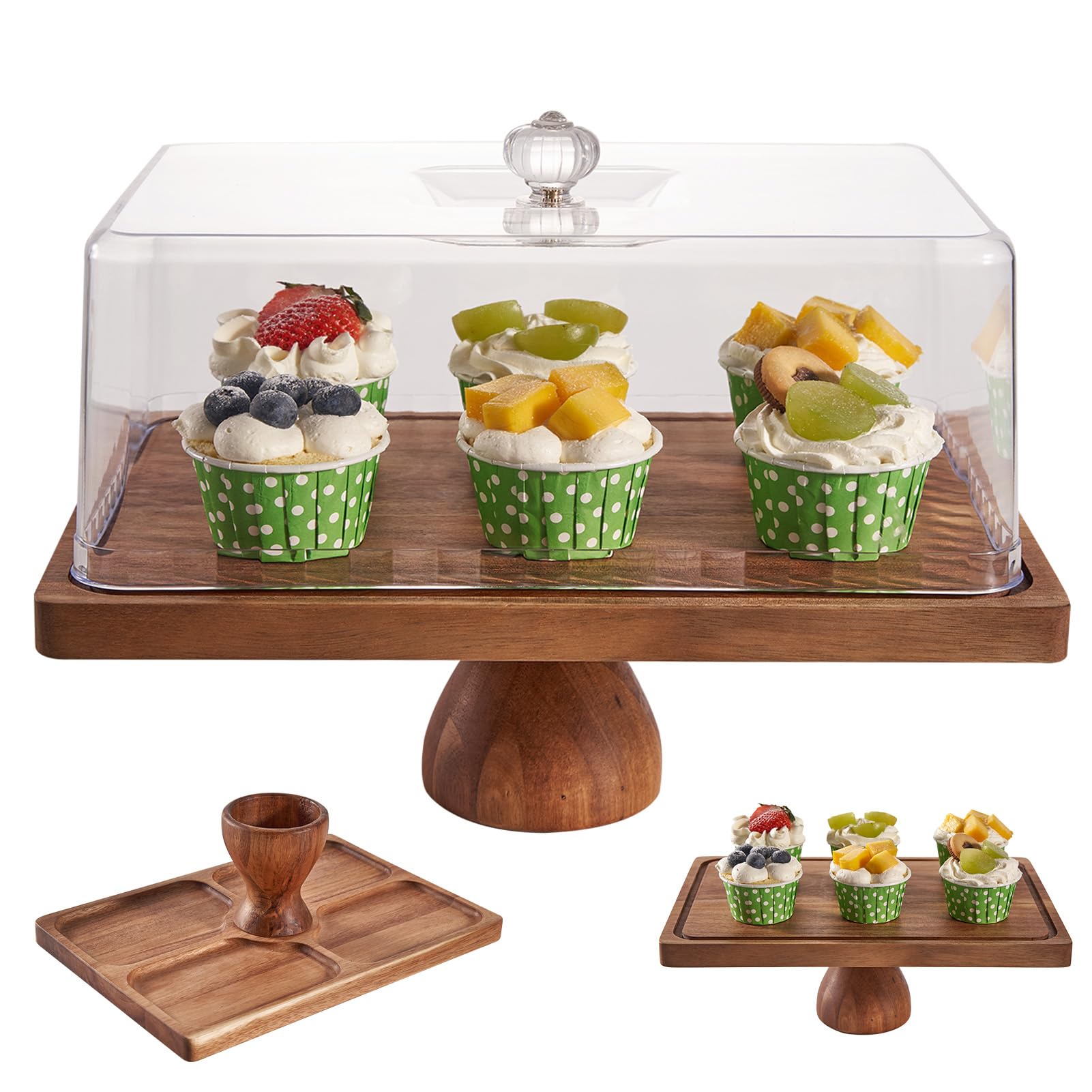 Cake Stand with Lid, 13? Rectangular Multi-Functional Cake Holder, Acacia Solid Wood 2-in-1 Dessert Table Display Set, Charcuterie Board for Cheese,Fruit Platter, Large Acrylic Cake Dome Cover