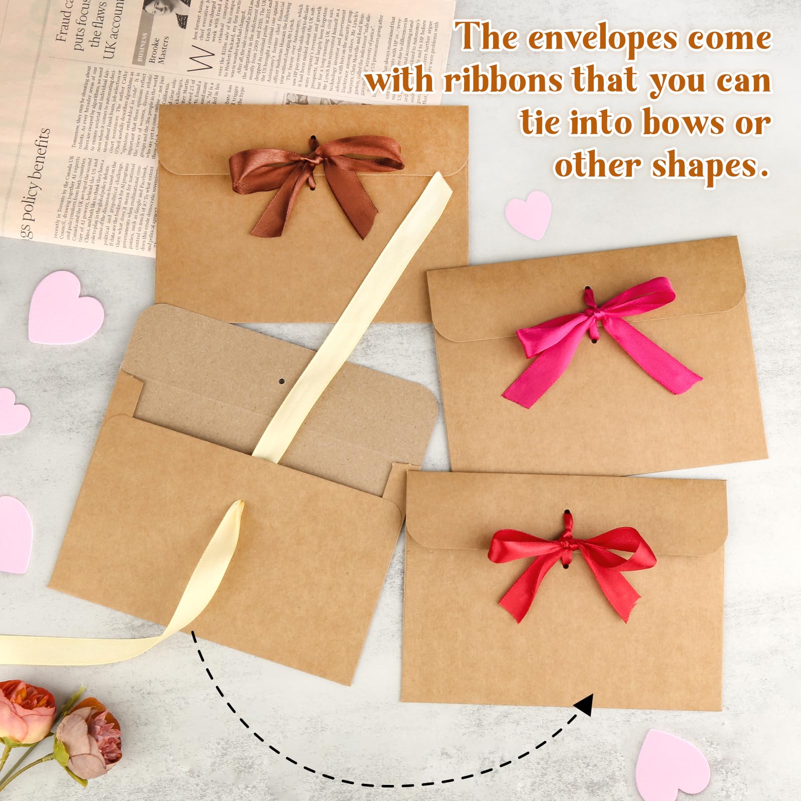 20 Pcs Brown Kraft Paper Envelopes with Ribbon, Vintage Bow for Invitations Greeting Cards, Festival Cards (17 x 12.3cm) - Image 4