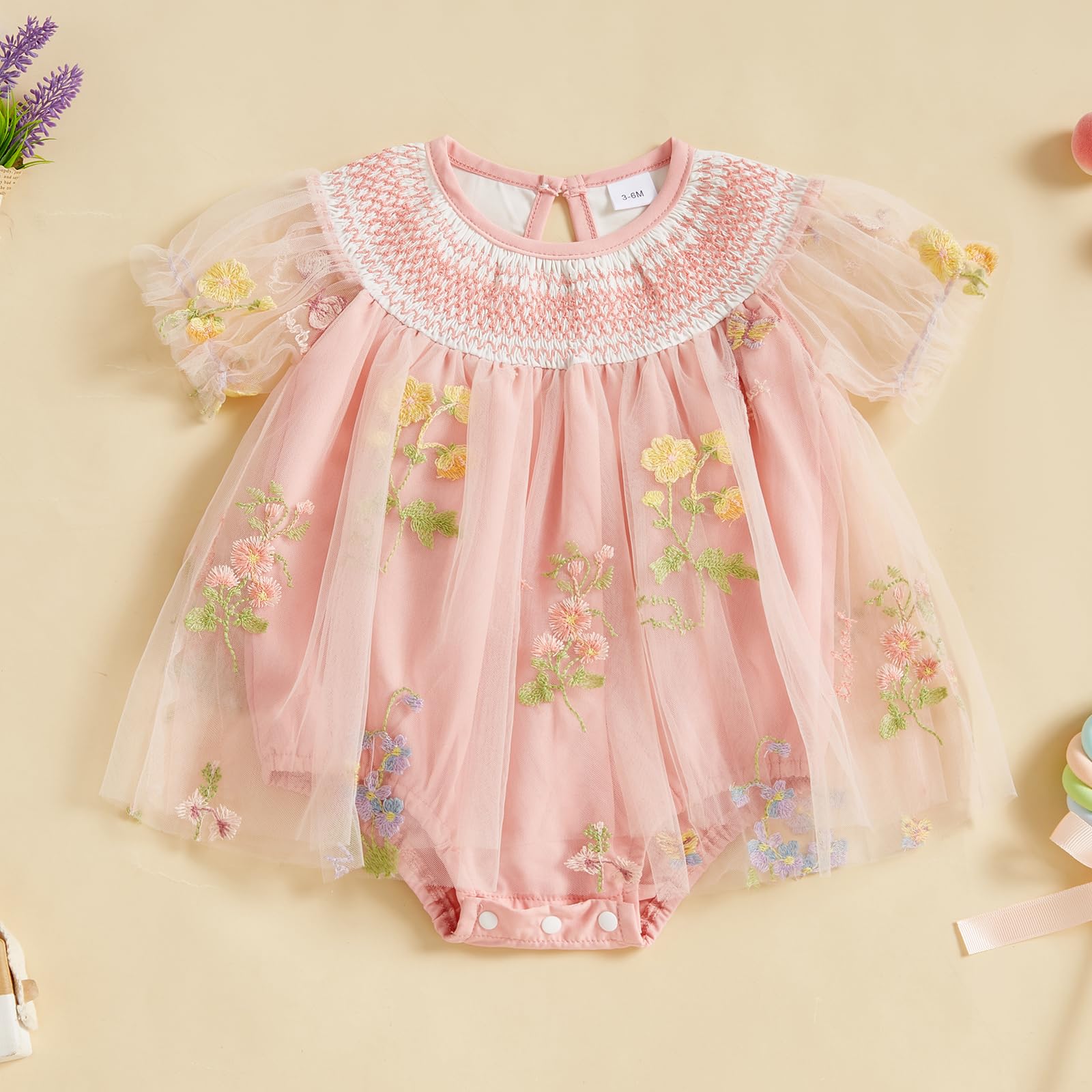 MBZJSDKHLK Infant Baby Girl Romper Dress Flower Embroidery Patchwork Mesh Short Sleeve Bodysuit Tulle Dress Princess Dress (A-Pink, 0-3 Months)