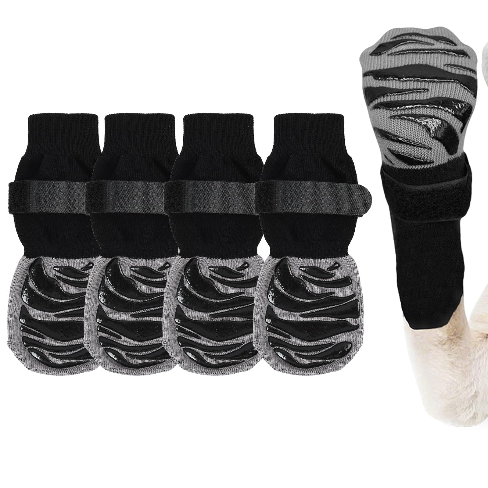 Dewbeat 4 Pcs Anti Slip Dog Socks Paws Stop Licking, Dog Boots for Injured Paws Waterproof Protector Shoes for Walking Outdoor Hot Pavement Rain Snow, Boots for Dogs Large Size Comfort Fit (Black, L)