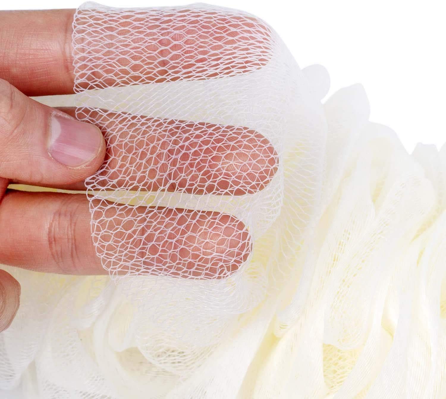 Lufa - Scrubber posteriore per doccia con manico lungo, spazzola per doccia in spugna da bagno, morbida rete di nylon, spazzola da bagno per donne e uomini, accessori da bagno (3 pezzi, bianco)