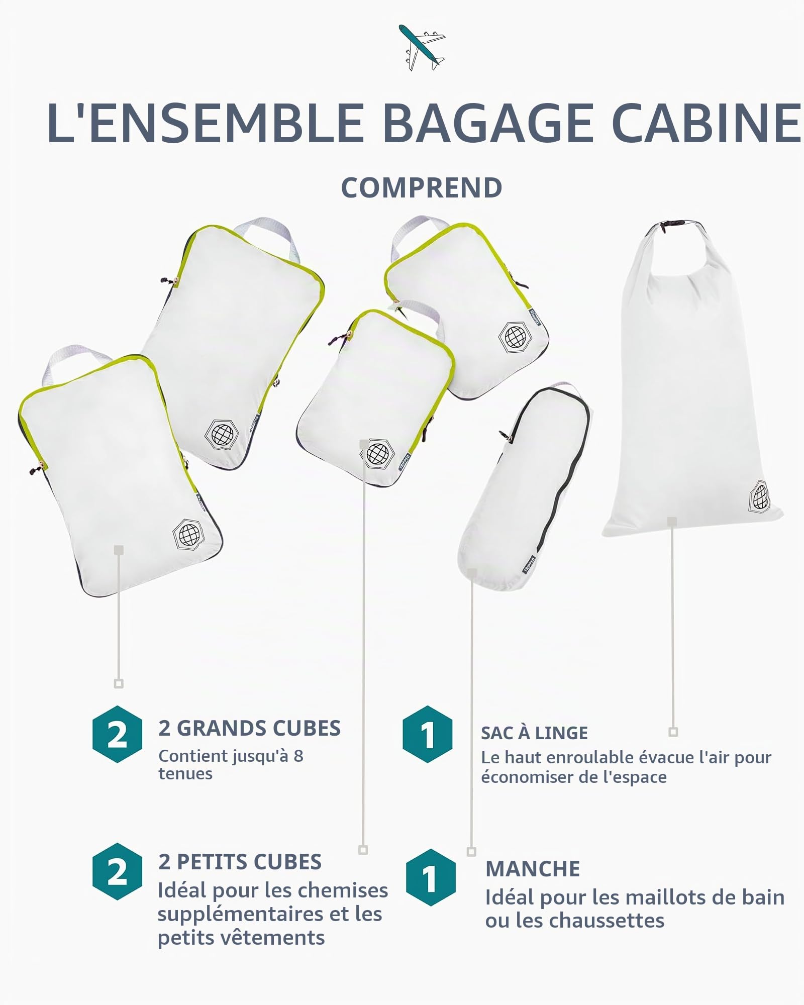 TRIPPED Travel Gear Compression d’emballage Cubes 6 pces pour sacs organisateur des bagages à main Durable voyage léger avec Double fermeture à glissière (blanc et vert)