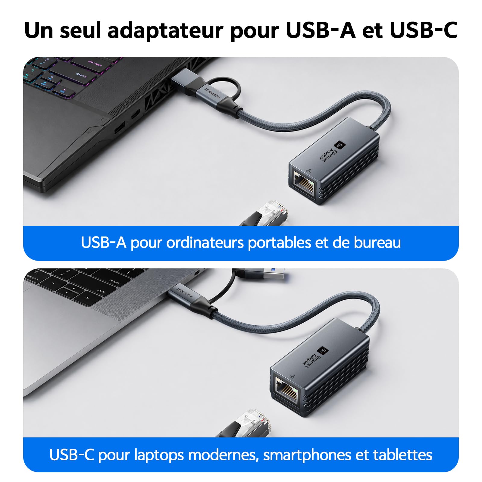 5G Adaptateur USB3.0 vers Ethernet, USB-C vers RJ45 Réseau LAN | USB-C/USB-A | Aluminium & Tressé | Windows, macOS, Linux, Android | pour NAS, PC, MacBook, XPS, Surface | Plug & Play