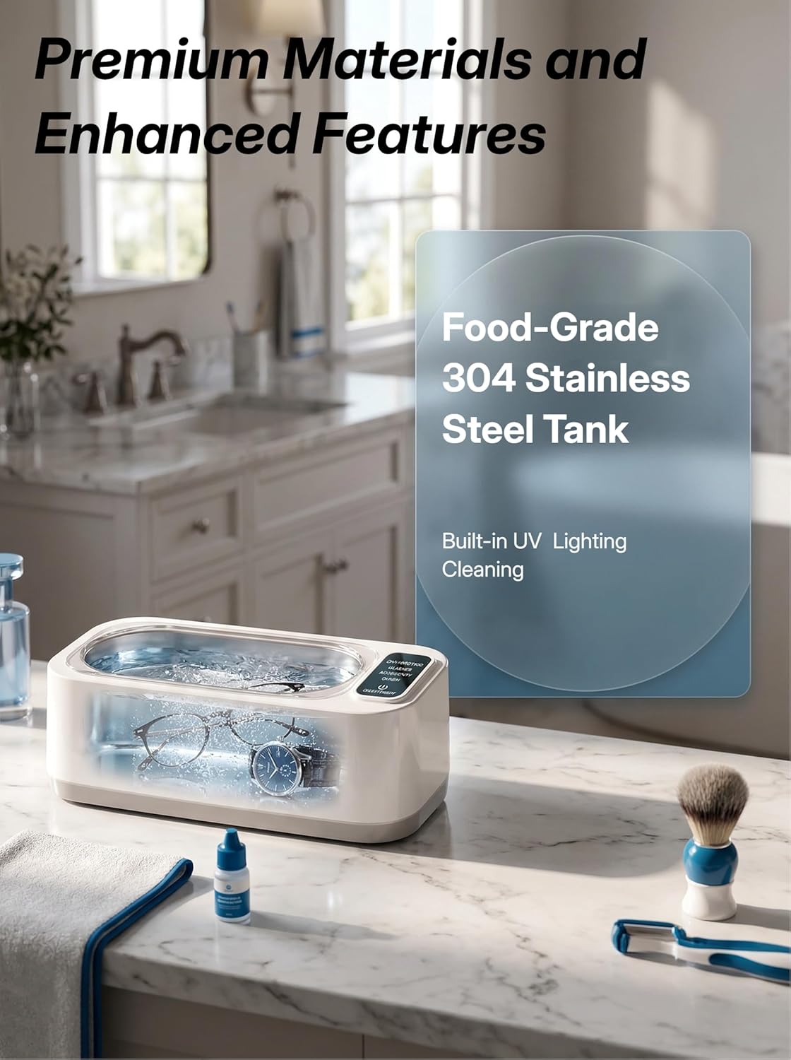 Ultrasonic Jewelry Cleaner 304 Stainless Steel Tank Ultrasonic Cleaner Machine for Razors,Eyeglasses,Watch Straps,Rings,Lighting-Assisted Cleaning Function