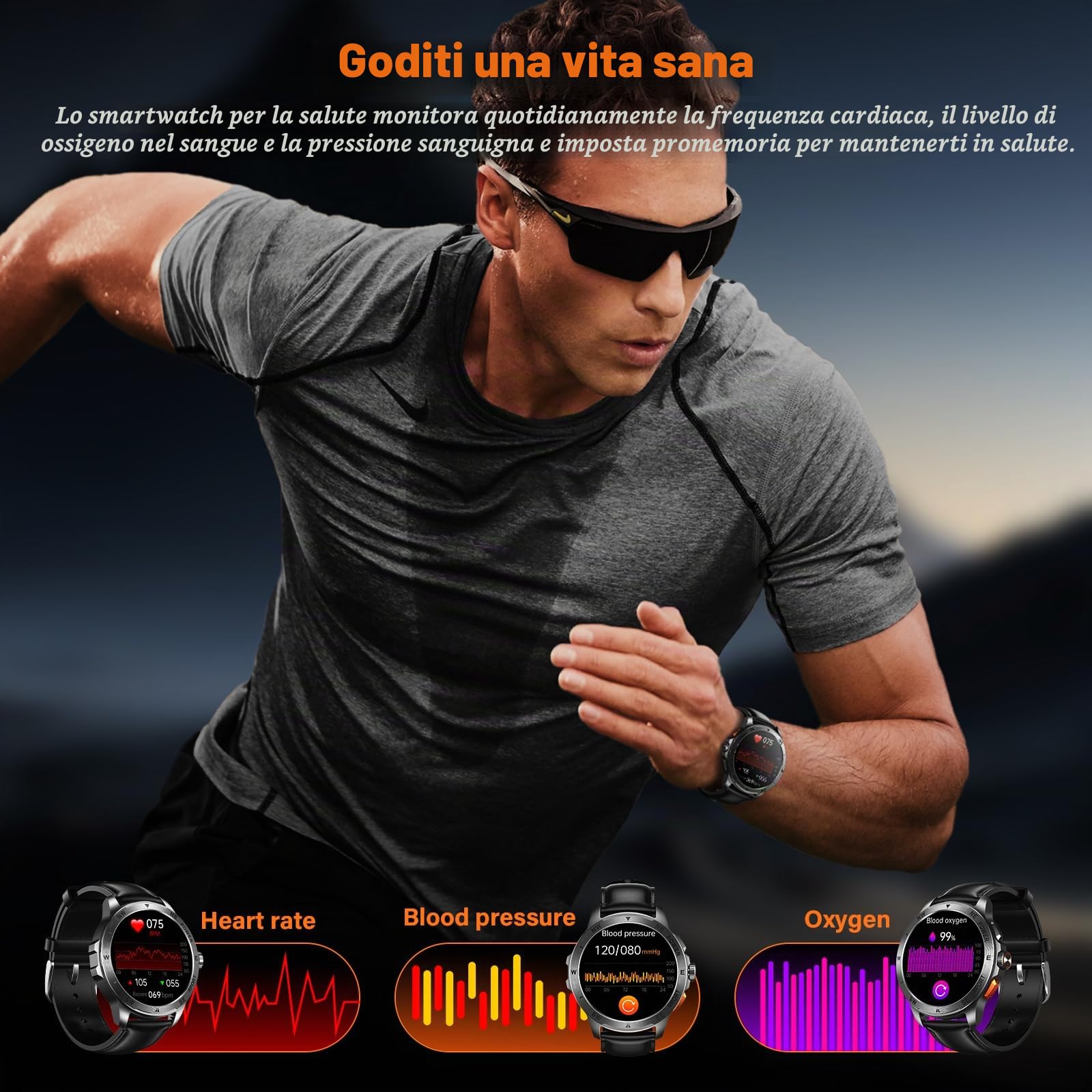 Smartwatch Uomo con ET/HRV/SIRI, 1,43" AMOLED con Chiamate Bluetooth Militare Orologio Intelligente Fitness/24H Cardiofrequenzimetro SPO2/100+ Modalità Sport/IP68Impermeabile /Sonno/per iOS Android