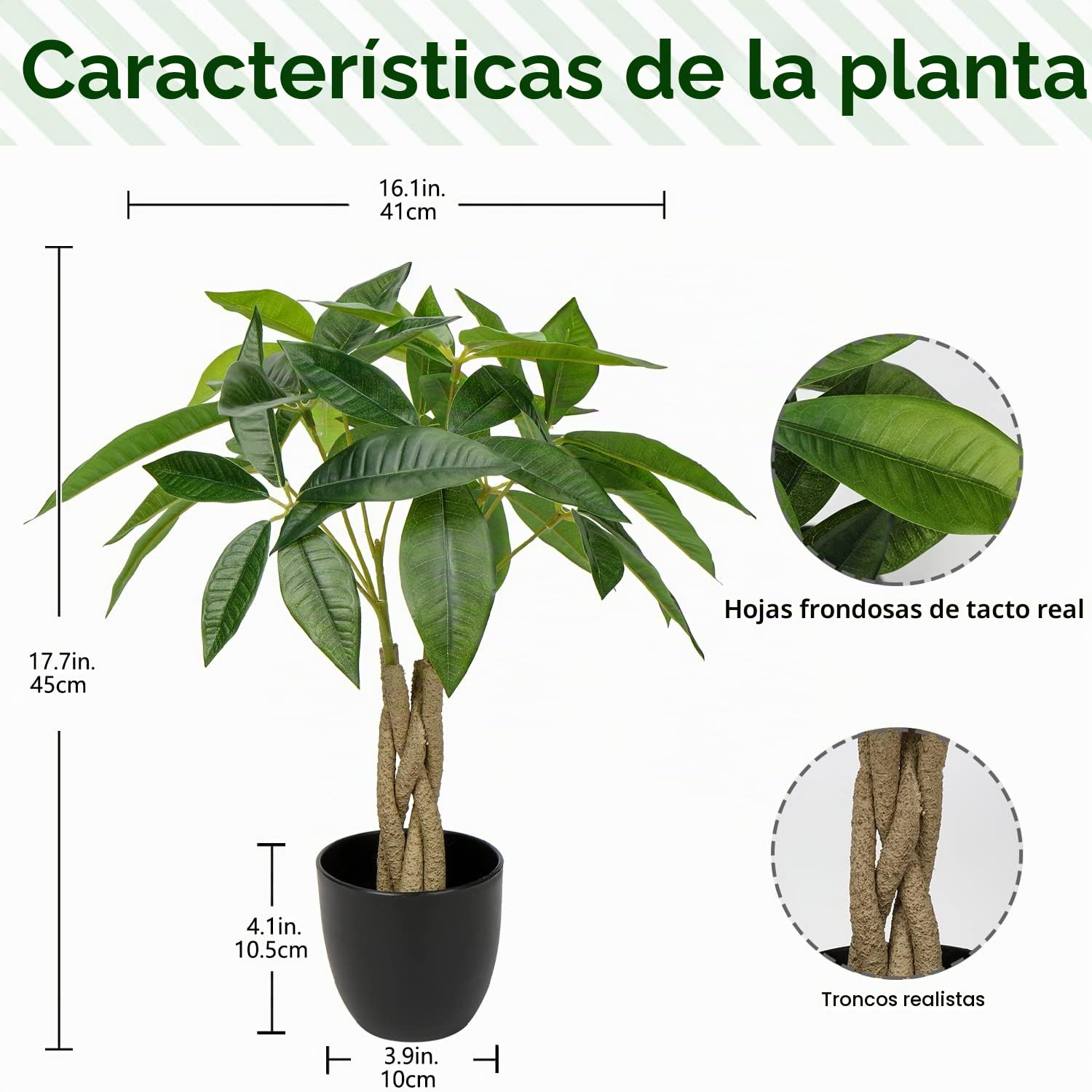 Briful Pachira Aquatica: Planta Artificial de Follaje en Maceta, Árbol del Dinero, Planta de la Fortuna Decorativa para Hogar y Oficina