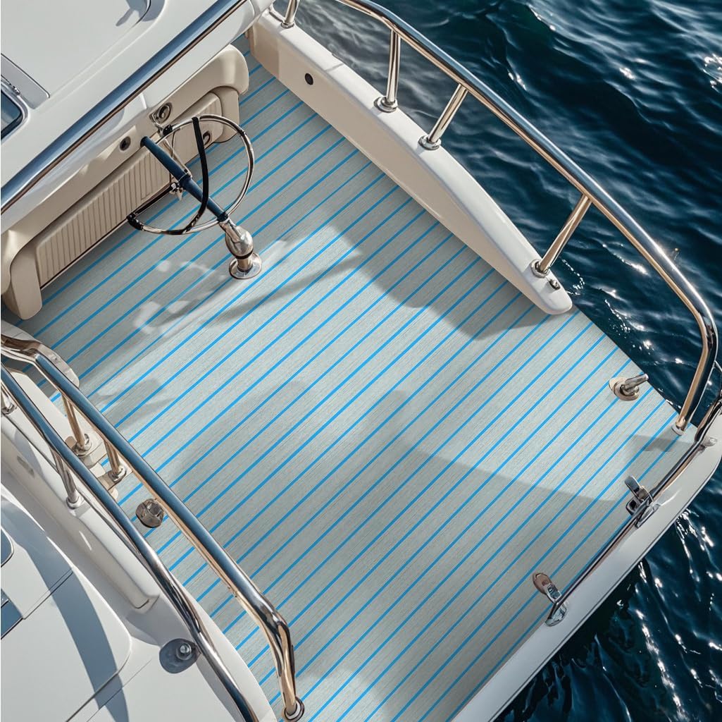 ICOOP Sea Deck Boat Flooring Grey 94.5"x15.8" 3m Self Adhesive Boat Carpet Waterproof EVA Foam Decking Sheet Blue Ocean Hydroturf Boat Floor Mats Pontoon Jon Boat Mat Marine Flooring for Boats Boating