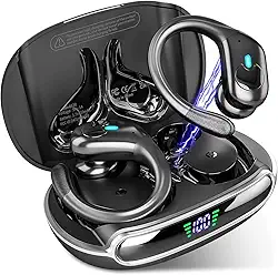 Fones de ouvido sem fio Bluetooth 5.3, fones de ouvido estéreo com graves e ganchos, reprodução de 80 horas e tela dupla de LED, fones de ouvido à prova d'água IP7 (preto)