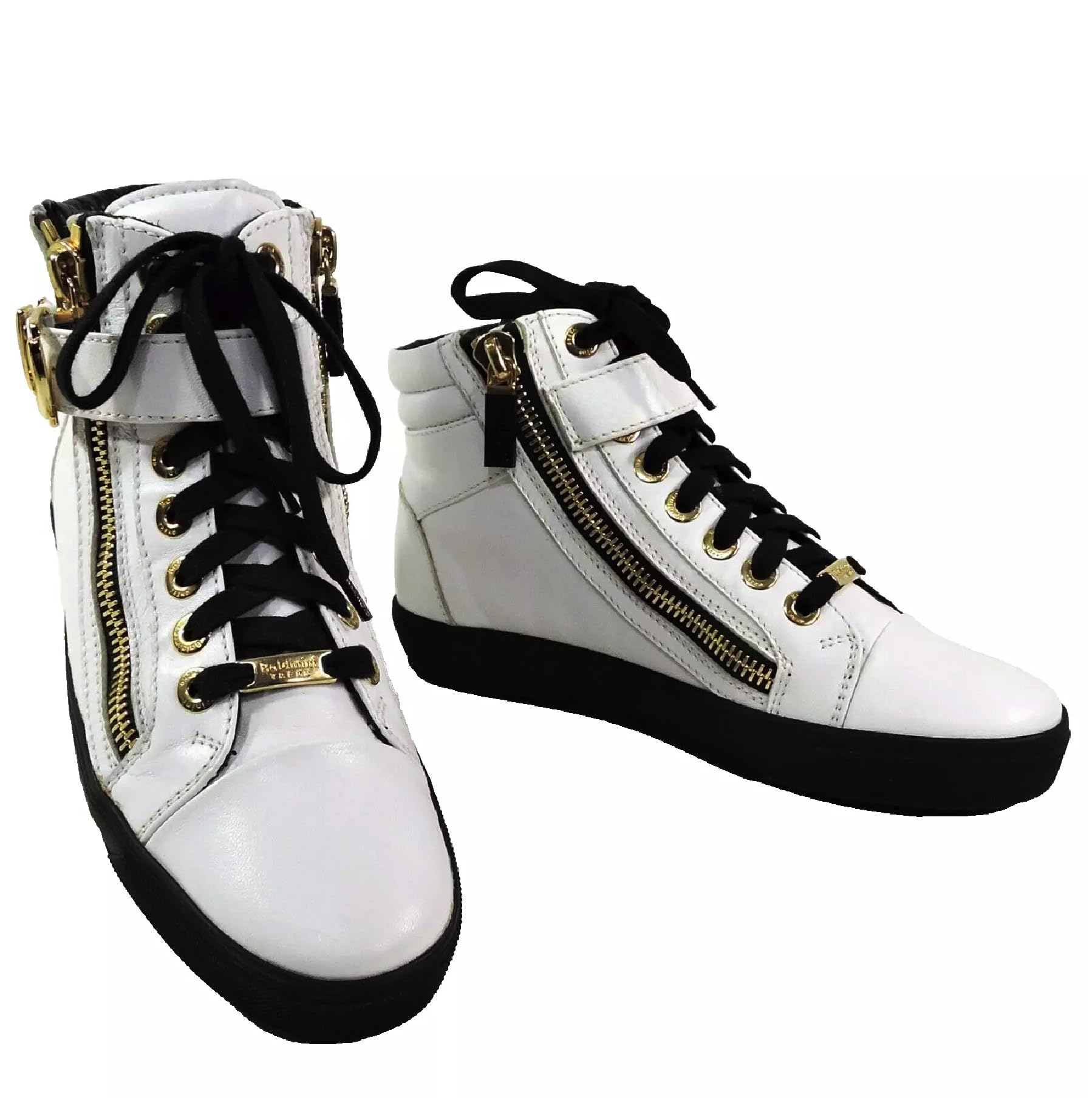 Baldinini Women's High-Top Sneakers, White Leather, Gold Hardware, Double Zip Design, Black Sole