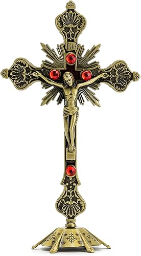 Calculs Cruz de mesa de metal con crucifijo de Jesús para decoración del hogar, cruz católica para oraciones cristianas, Jerusalén, 10 pulgadas,