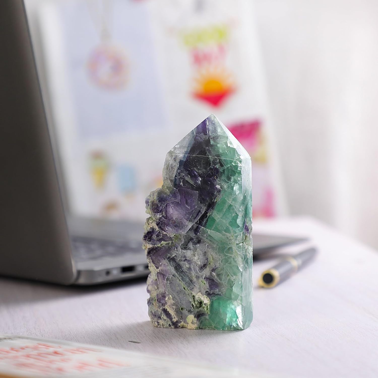 TUMBEELLUWA Natural Fluorite Crystal Wand for Healing, Pointed Crystal Obelisk Tower Raw Stone Mineral Specimen Decor, 351-530 g