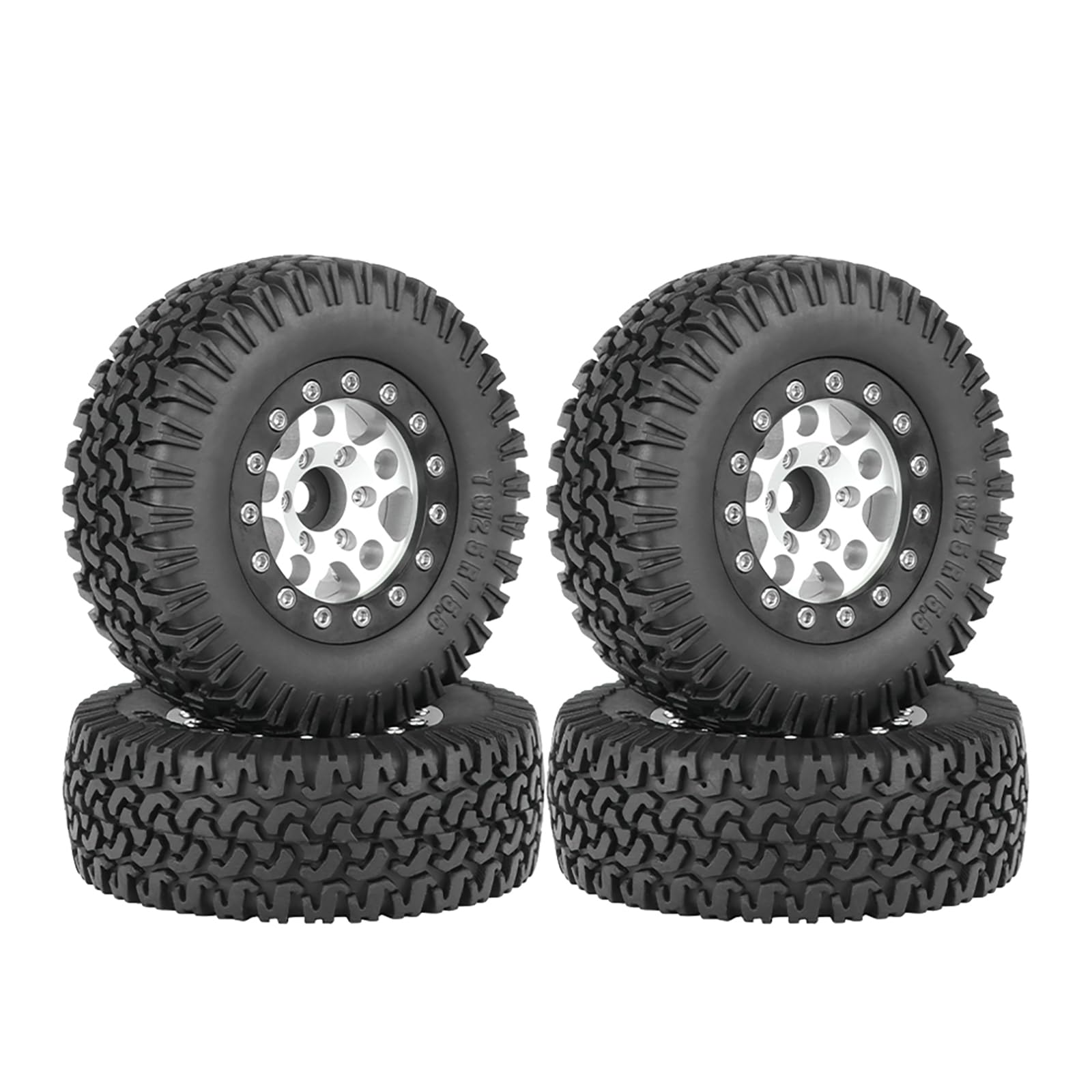 KINGCOO 4PCS 1.55Inch Aluminum Alloy Metal 5Spoke Beadlock Wheel Rims and Rubber Tires Set for 1/10 RC Rock Crawler Car for Axial AX90069 UTB18 D90 TF2 Tamiya Upgrade Parts (Silver+Black, 76MM-A)