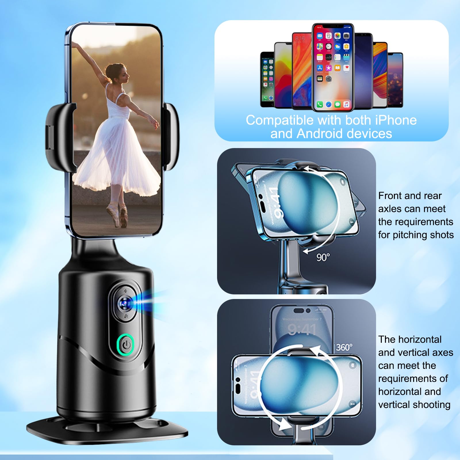 Gimbal per cellulare, con riconoscimento automatico del viso e tracciamento a 360 gradi, treppiedi per smartphone con telecomando, controllo gestuale, per Vlog TikTok Live Video Registrazione Gimbal