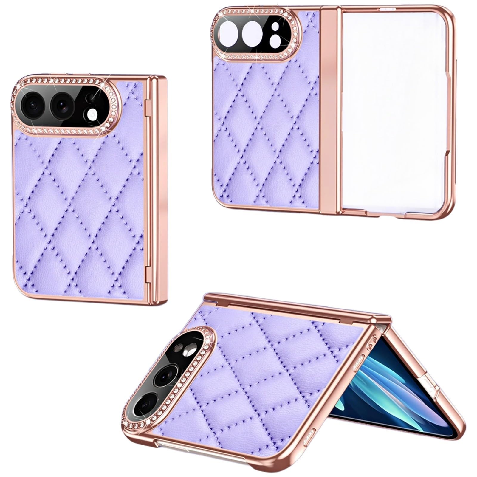 Coque pour iPhone Duo, Simili Cuir Matelassé, Strass, Protection Charnière