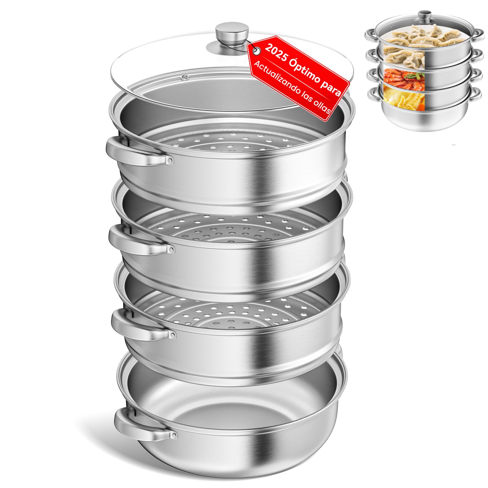 Vaporera de acero inoxidable de 28 cm con cesta vaporera, batería de cocina de 3/4/5 niveles con tapa para cocinar verduras, mariscos, sopas, guisos y pastas (4)