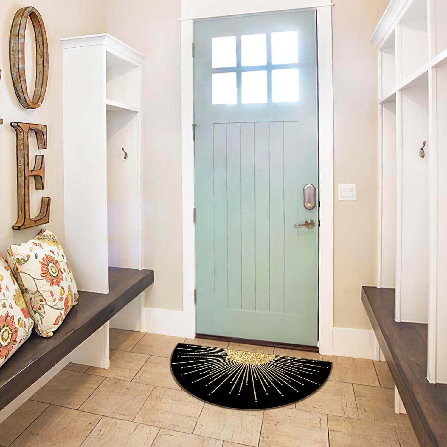 Mingnei Boho Black Gold Sun Linen Doormat Door Mat for Home Kitchen Entrance, Bohemian Sunburst Sunshine Rug, Boho Gifts for Women Girls House Front Outdoor Outside Entryway 30x17 Welcome Mat